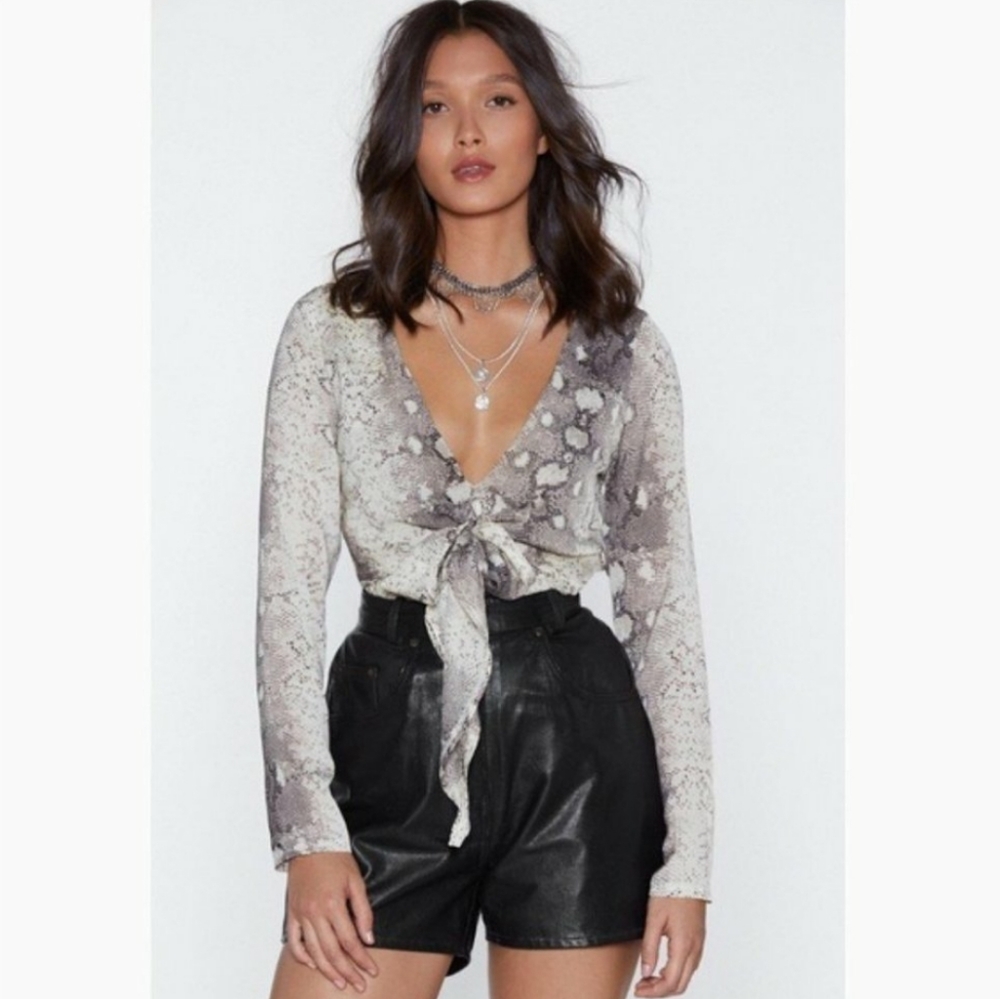 Nasty Gal Snakeskin Tie Front Long Sleeve Bodysuit